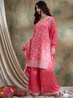 Light Pink Embroidered Vichitra Silk Kurta Palazzo Set with Dupatta