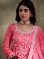 Light Pink Embroidered Vichitra Silk Kurta Palazzo Set with Dupatta