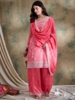 Light Pink Embroidered Vichitra Silk Kurta Palazzo Set with Dupatta