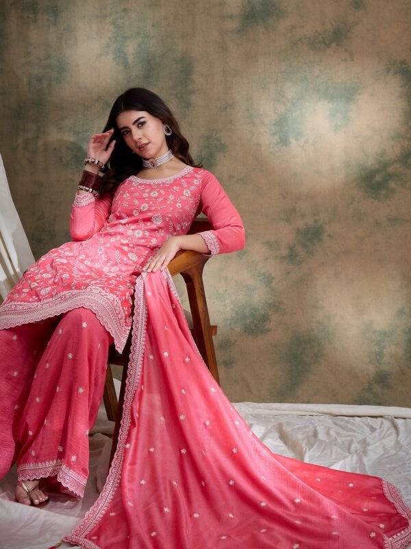 Light Pink Embroidered Vichitra Silk Kurta Palazzo Set with Dupatta