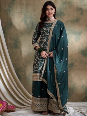 Green Embroidered Chinon Straight Kurta Palazzo Set with Dupatta