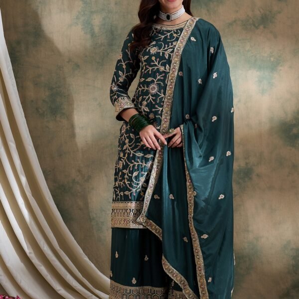 Green Embroidered Chinon Straight Kurta Palazzo Set with Dupatta