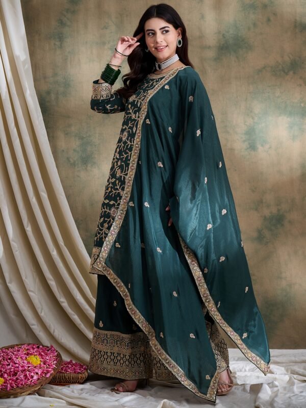 Green Embroidered Chinon Straight Kurta Palazzo Set with Dupatta