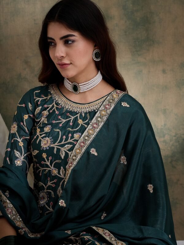 Green Embroidered Chinon Straight Kurta Palazzo Set with Dupatta