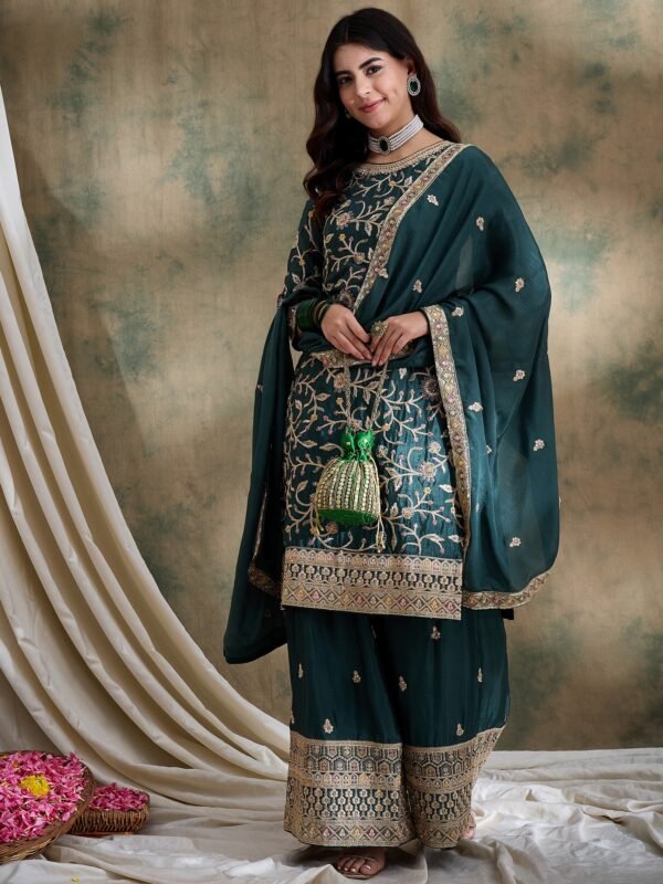 Green Embroidered Chinon Straight Kurta Palazzo Set with Dupatta