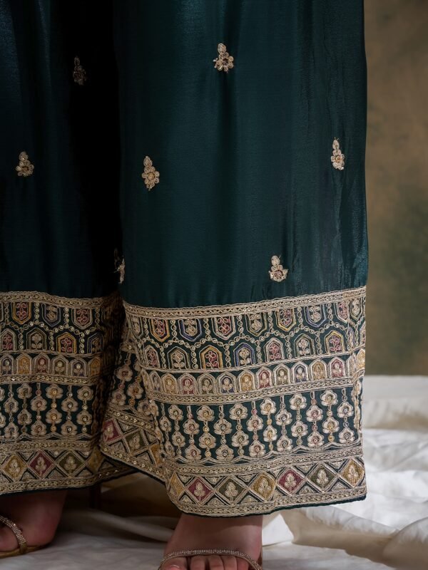 Green Embroidered Chinon Straight Kurta Palazzo Set with Dupatta
