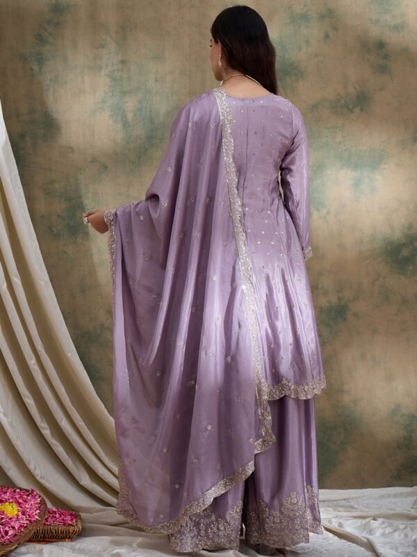 Light Purple Embroidered Chinon Kurta Palazzo Set with Dupatta