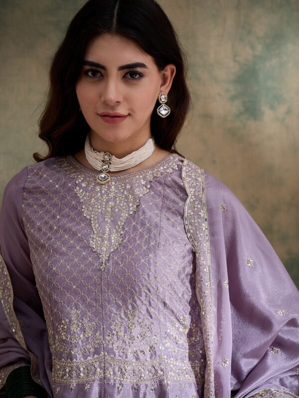 Light Purple Embroidered Chinon Kurta Palazzo Set with Dupatta