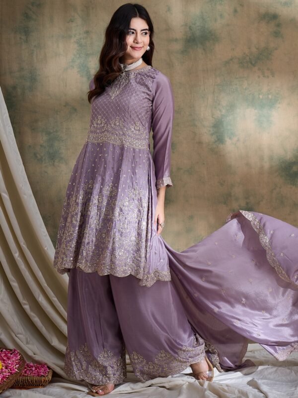 Light Purple Embroidered Chinon Kurta Palazzo Set with Dupatta