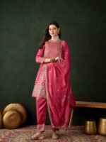 Pink Embroidered Vichitra Silk Flared Kurta Pant Set & Dupatta