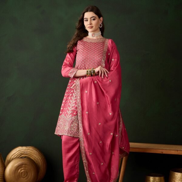 Pink Embroidered Vichitra Silk Flared Kurta Pant Set & Dupatta