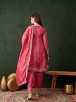 Pink Embroidered Vichitra Silk Flared Kurta Pant Set & Dupatta