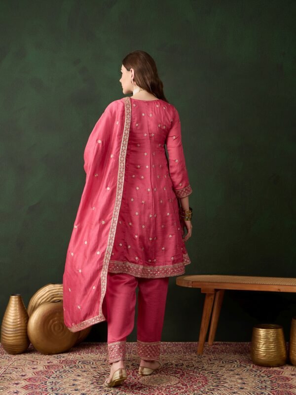 Pink Embroidered Vichitra Silk Flared Kurta Pant Set & Dupatta