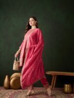 Pink Embroidered Vichitra Silk Flared Kurta Pant Set & Dupatta