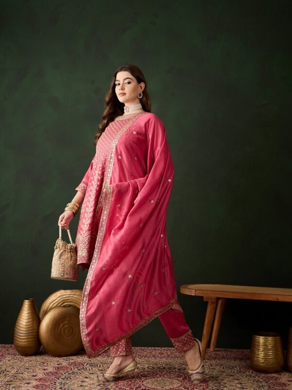 Pink Embroidered Vichitra Silk Flared Kurta Pant Set & Dupatta