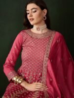 Pink Embroidered Vichitra Silk Flared Kurta Pant Set & Dupatta