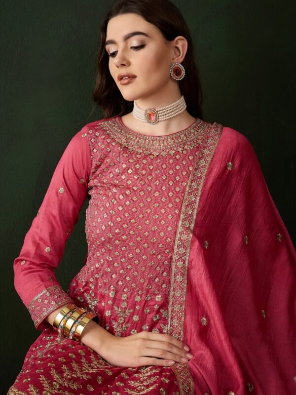 Pink Embroidered Vichitra Silk Flared Kurta Pant Set & Dupatta