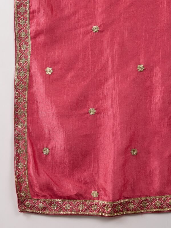 Pink Embroidered Vichitra Silk Flared Kurta Pant Set & Dupatta