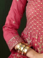 Pink Embroidered Vichitra Silk Flared Kurta Pant Set & Dupatta