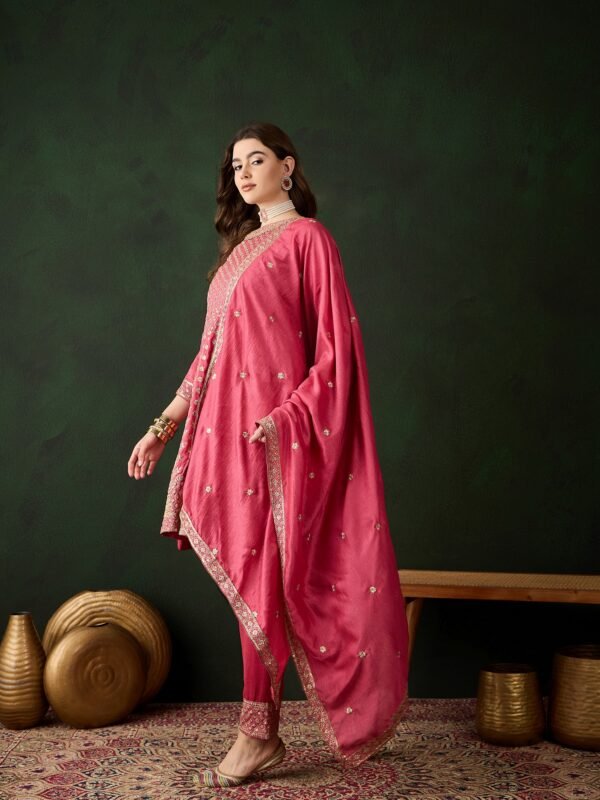 Pink Embroidered Vichitra Silk Flared Kurta Pant Set & Dupatta
