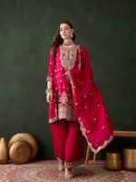 Pink Embroidered Vichitra Silk Straight Kurta Palazzo Set