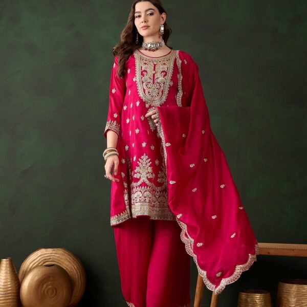 Pink Embroidered Vichitra Silk Straight Kurta Palazzo Set