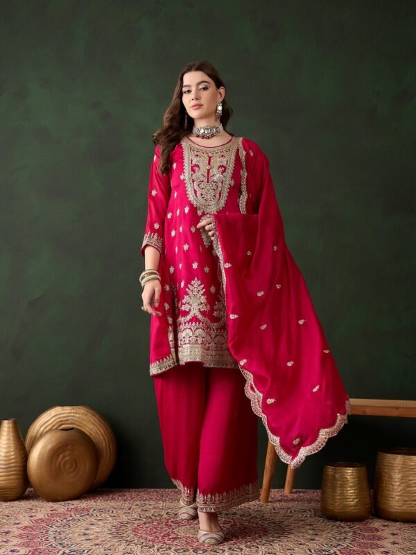 Pink Embroidered Vichitra Silk Straight Kurta Palazzo Set