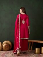 Pink Embroidered Vichitra Silk Straight Kurta Palazzo Set