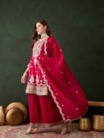 Pink Embroidered Vichitra Silk Straight Kurta Palazzo Set