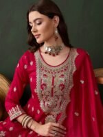 Pink Embroidered Vichitra Silk Straight Kurta Palazzo Set