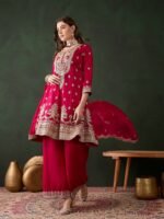 Pink Embroidered Vichitra Silk Straight Kurta Palazzo Set