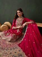 Pink Embroidered Vichitra Silk Straight Kurta Palazzo Set