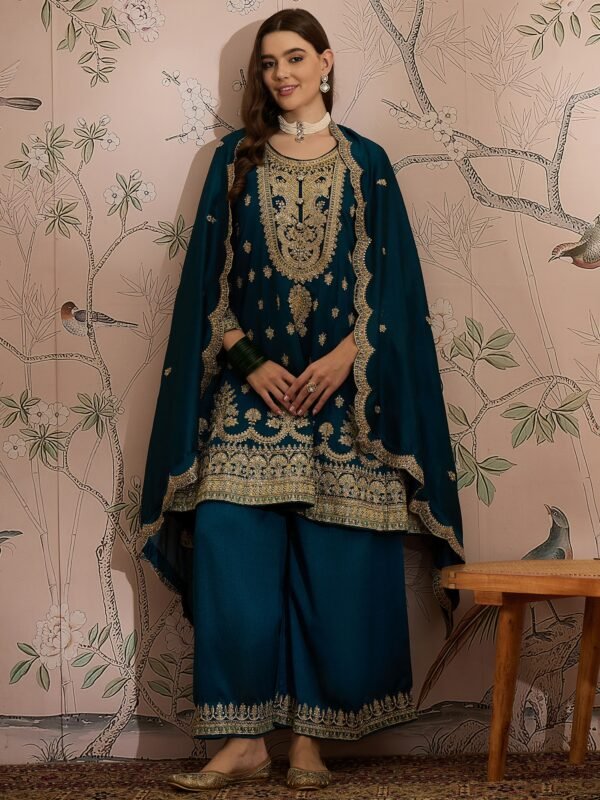 Rama Embroidered Vichitra Silk Straight Kurta Palazzo Set