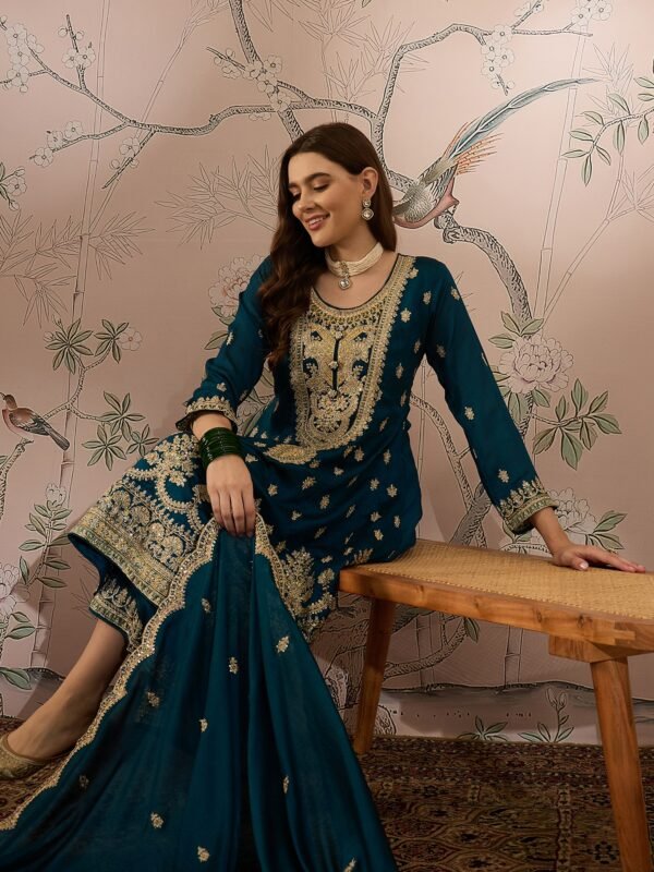Rama Embroidered Vichitra Silk Straight Kurta Palazzo Set