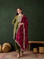 Mehendi Embroidered Chinon Anarkali Kurta Pant Set with Dupatta
