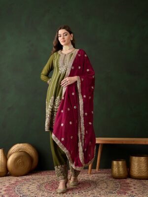 Mehendi Embroidered Chinon Anarkali Kurta Pant Set with Dupatta