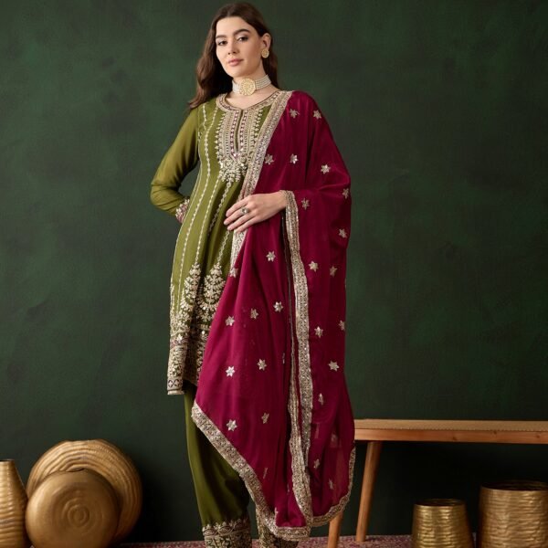 Mehendi Embroidered Chinon Anarkali Kurta Pant Set with Dupatta