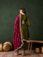 Mehendi Embroidered Chinon Anarkali Kurta Pant Set with Dupatta