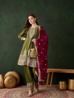 Mehendi Embroidered Chinon Anarkali Kurta Pant Set with Dupatta