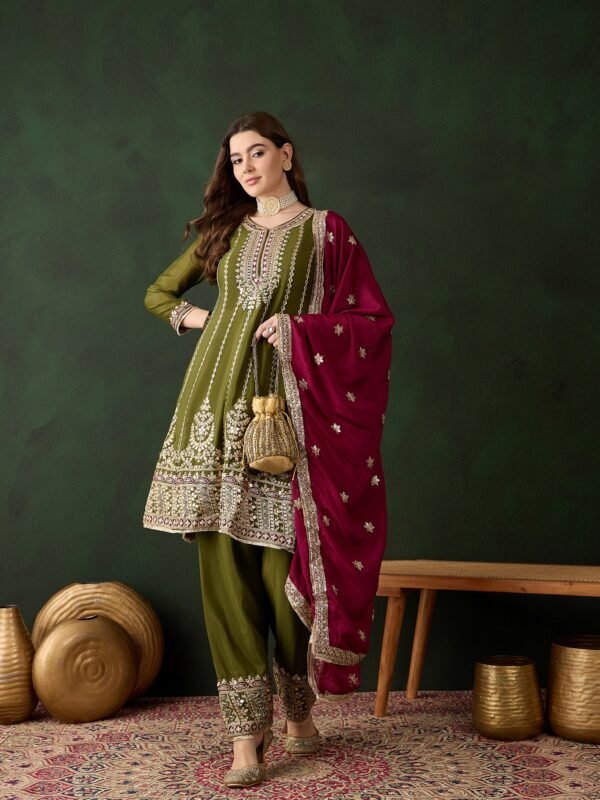 Mehendi Embroidered Chinon Anarkali Kurta Pant Set with Dupatta