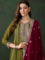 Mehendi Embroidered Chinon Anarkali Kurta Pant Set with Dupatta