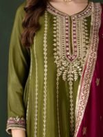 Mehendi Embroidered Chinon Anarkali Kurta Pant Set with Dupatta