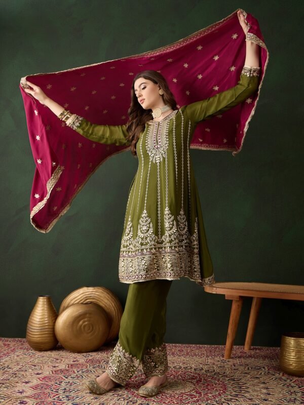 Mehendi Embroidered Chinon Anarkali Kurta Pant Set with Dupatta