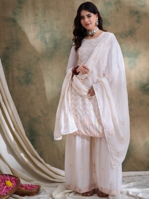 White Embroidered Chinon Straight Kurta Palazzo Set with Dupatta
