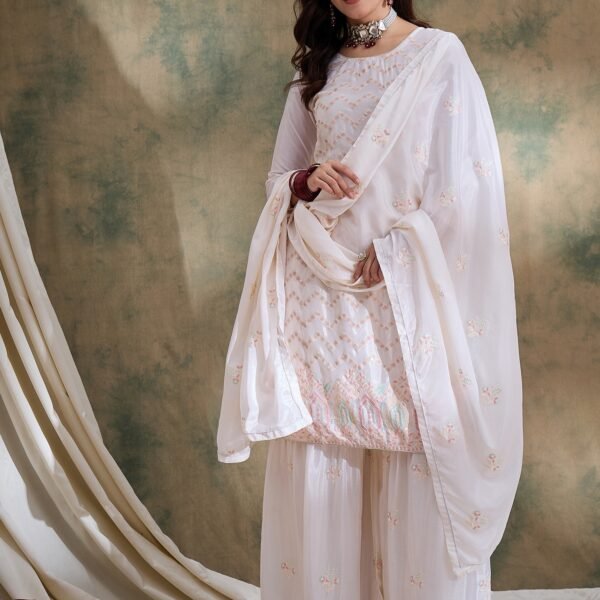 White Embroidered Chinon Straight Kurta Palazzo Set with Dupatta