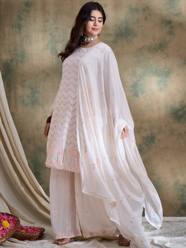 White Embroidered Chinon Straight Kurta Palazzo Set with Dupatta