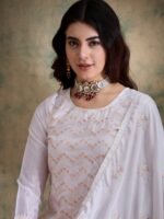 White Embroidered Chinon Straight Kurta Palazzo Set with Dupatta
