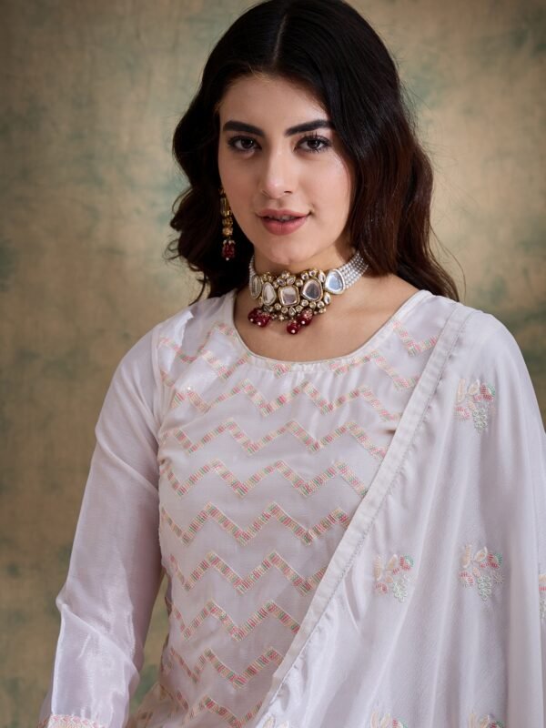 White Embroidered Chinon Straight Kurta Palazzo Set with Dupatta