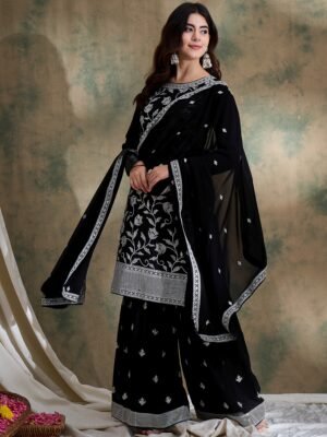 Black Embroidered Faux Georgette Kurta Sharara Set with Dupatta