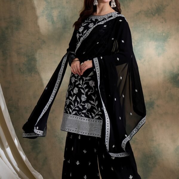 Black Embroidered Faux Georgette Kurta Sharara Set with Dupatta